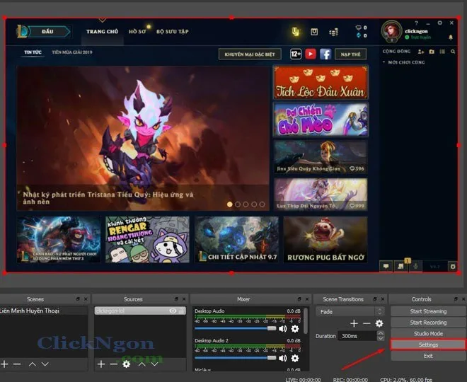 Chọn mục Settings trên giao diện OBS Studio