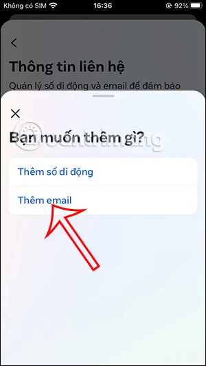Chọn mục Thêm email để tiến hành bổ sung địa chỉ