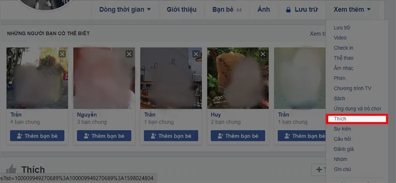 Chọn mục Thích để truy cập danh sách các trang đã thích