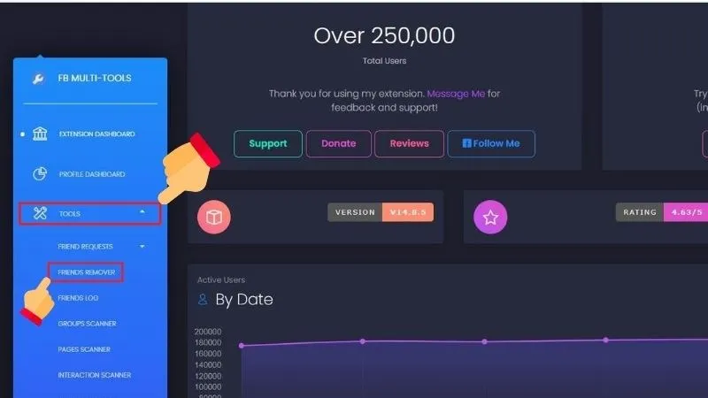 Chọn mục Tools và chức năng Friends Remove trong tiện ích