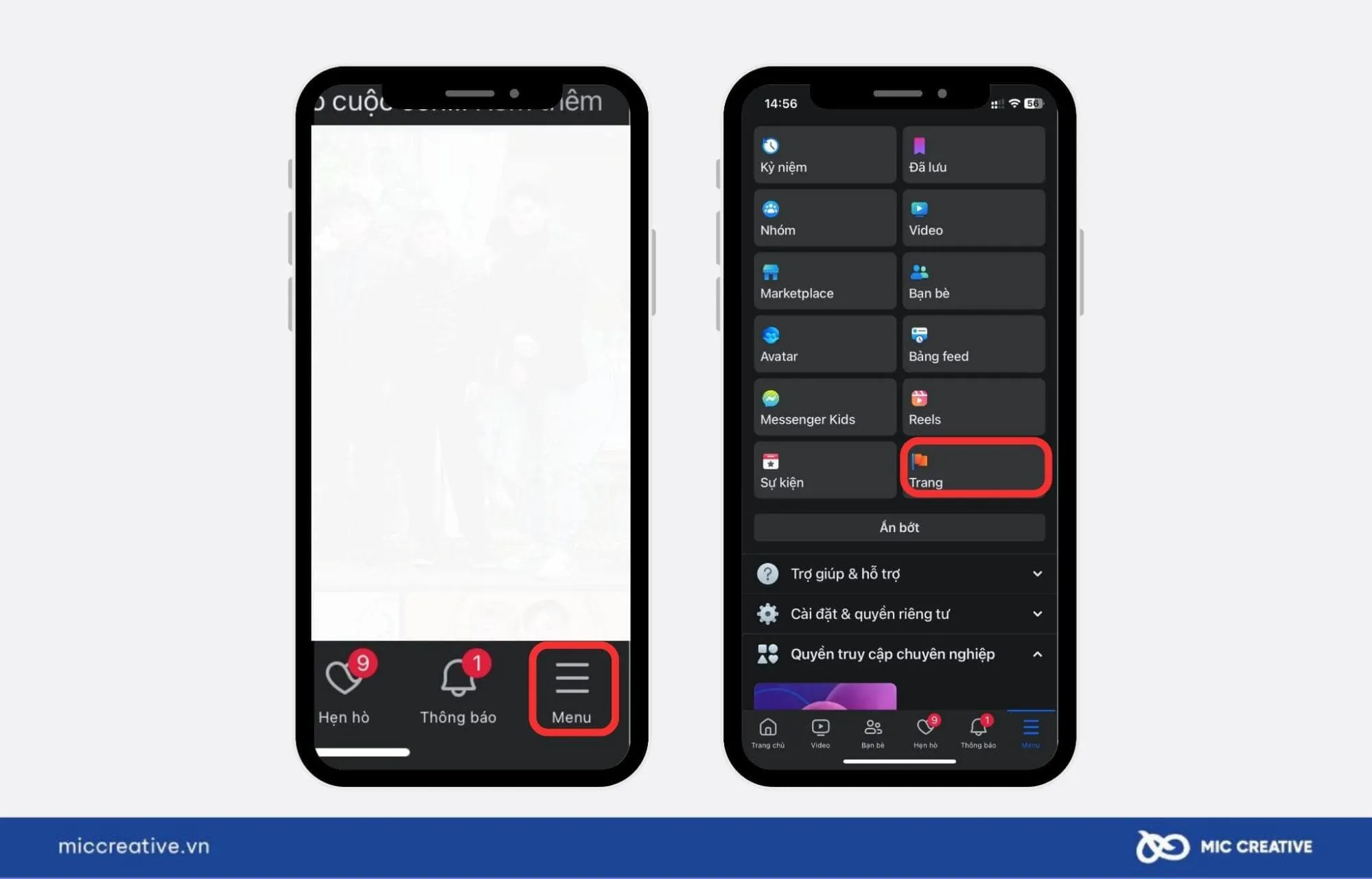Chọn mục Trang trên ứng dụng di động để bắt đầu cách lập Fanpage Facebook