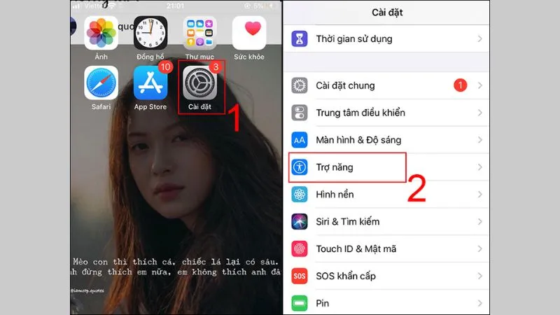 Chọn mục Trợ năng để truy cập cài đặt nâng cao