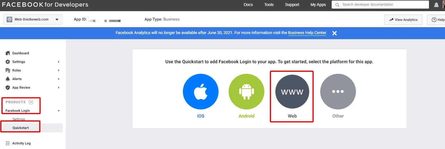 Chọn nền tảng Web trong QuickStart để thiết lập ứng dụng