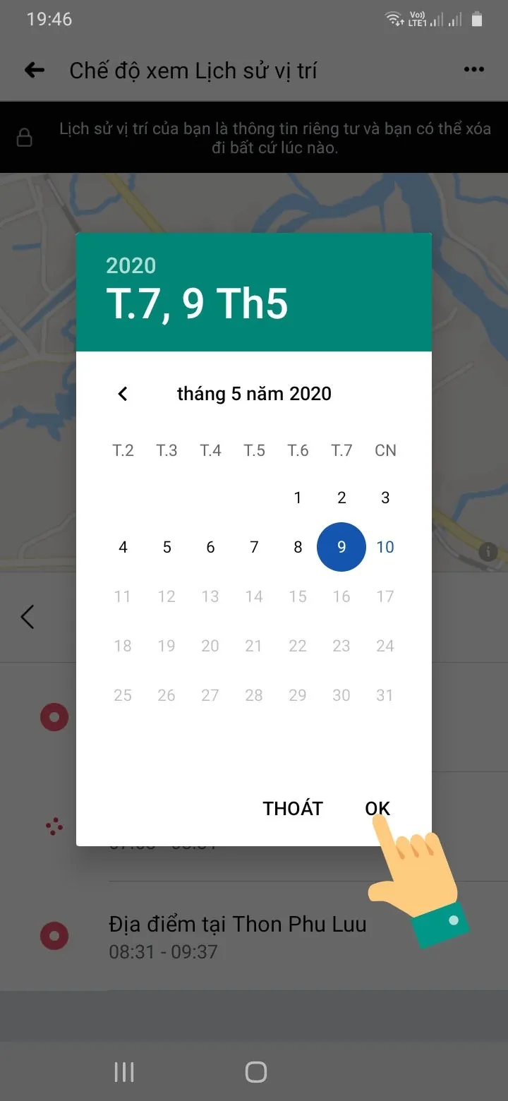 Chọn ngày cụ thể trên lịch để xem lại lịch sử vị trí đã được Facebook định vị trong ngày đó