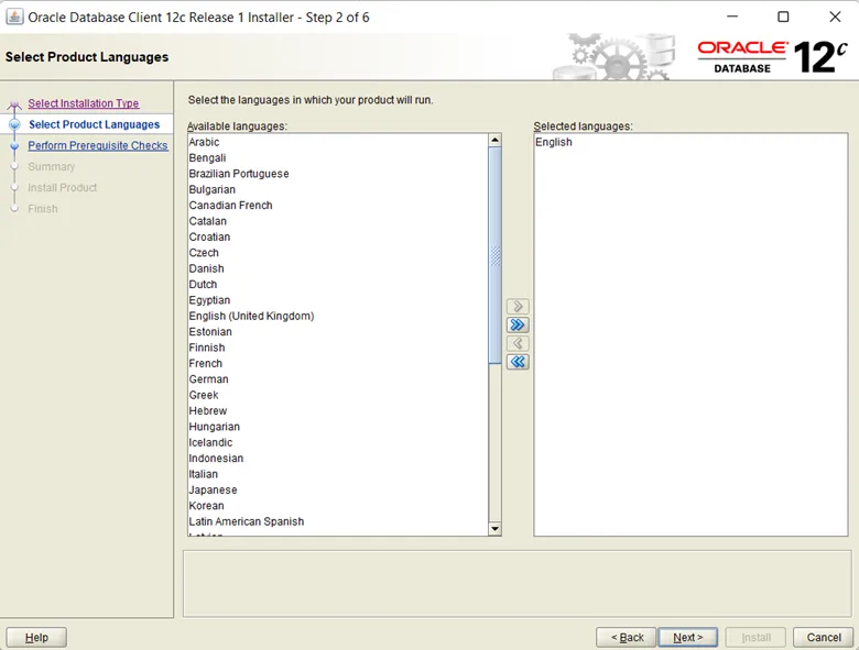 Chọn ngôn ngữ English cho quá trình cài đặt Oracle Client
