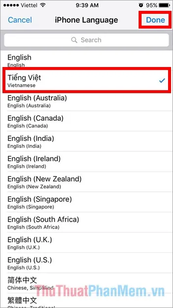 Chọn ngôn ngữ muốn thay đổi trên Facebook và chọn Done