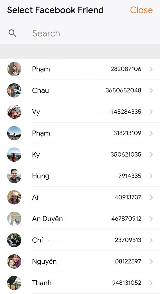 Chọn người bạn cụ thể để xem ID Facebook