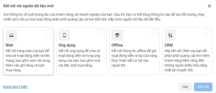 Chọn nguồn dữ liệu gắn Pixel là Web