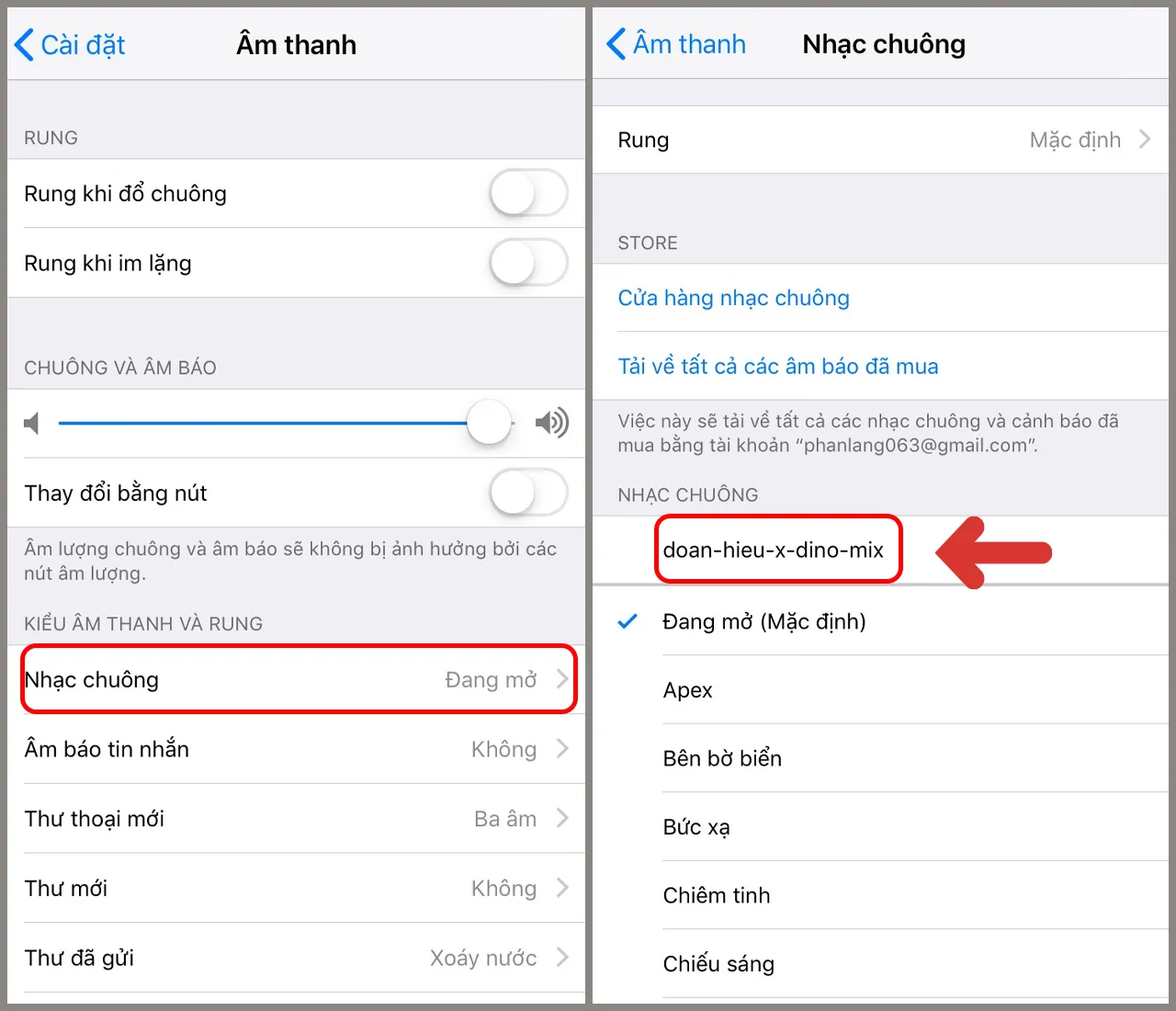Chọn Nhạc chuông và bài hát vừa tải lên để cài đặt trên iPhone 7