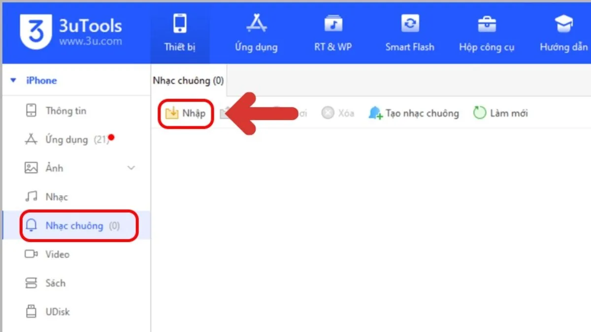 Chọn Nhạc chuông và Nhập file nhạc chuông trên giao diện 3uTools