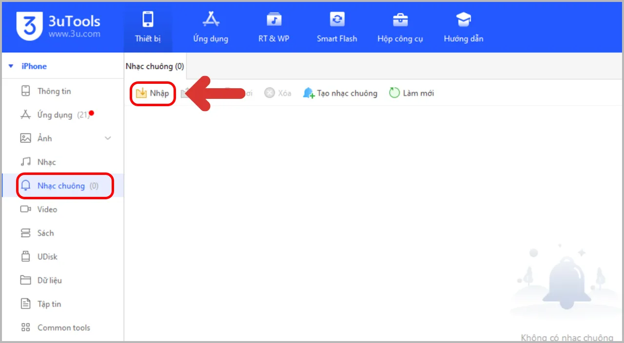 Chọn Nhạc chuông và Nhập file nhạc trong 3uTools