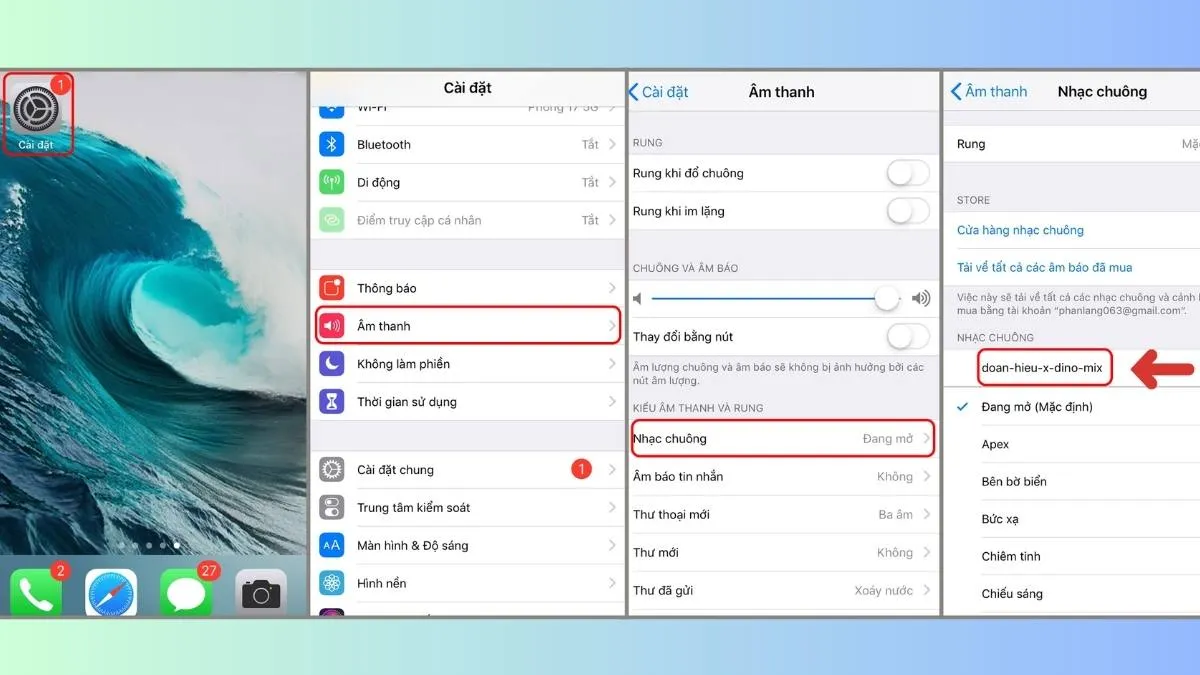 Chọn nhạc chuông vừa nhập trong Cài đặt Âm thanh của iPhone