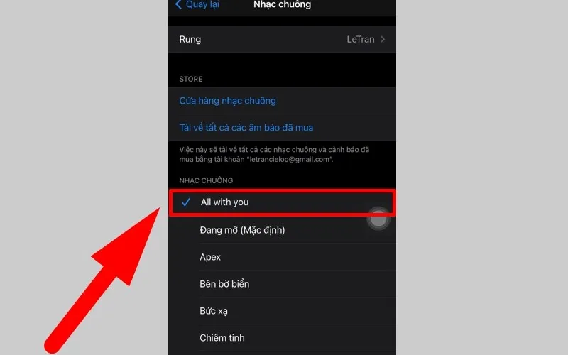 Chọn nhạc chuông vừa tạo trong mục Nhạc chuông trên iPhone
