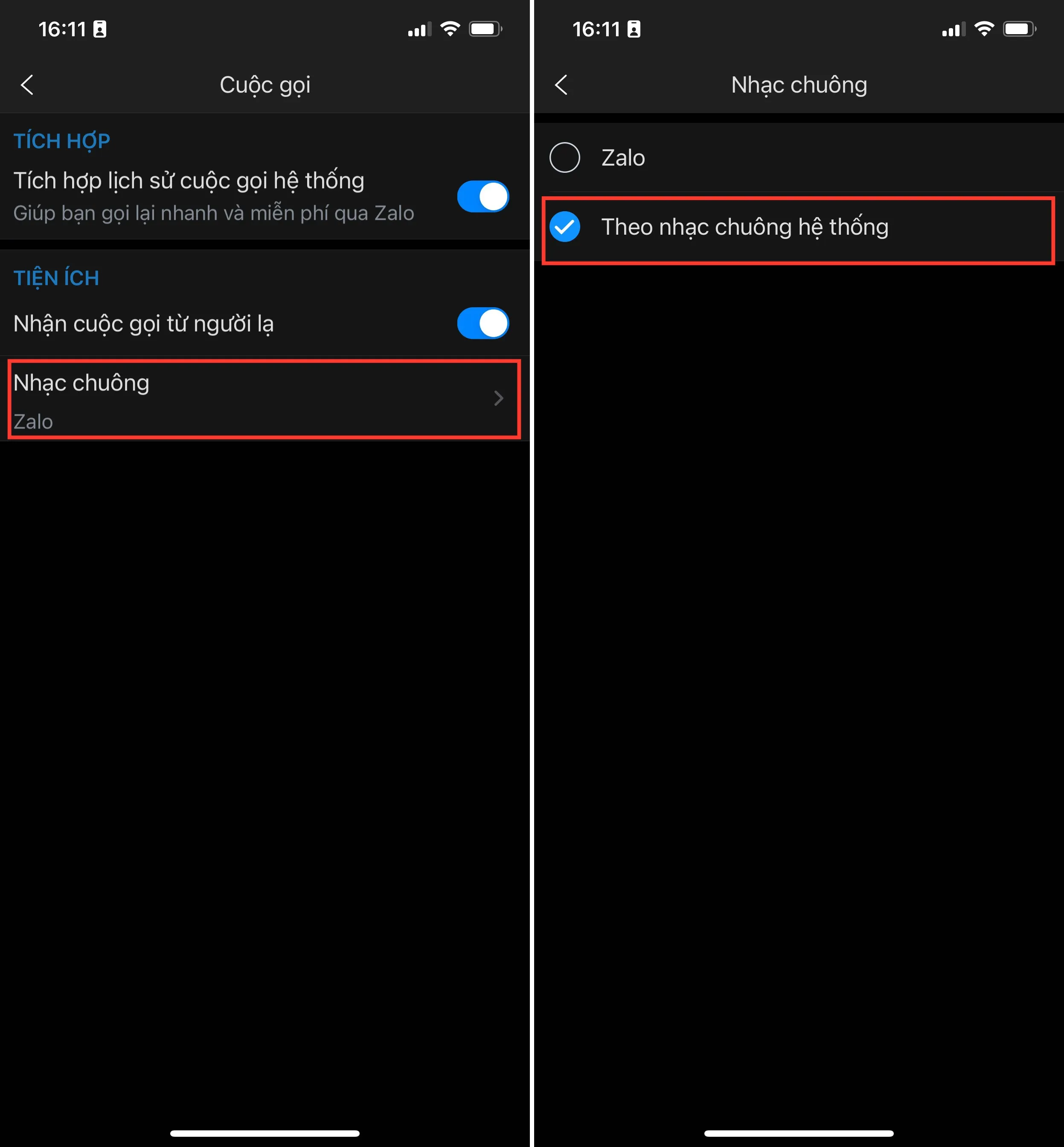 Chọn nhạc chuông Zalo hệ thống