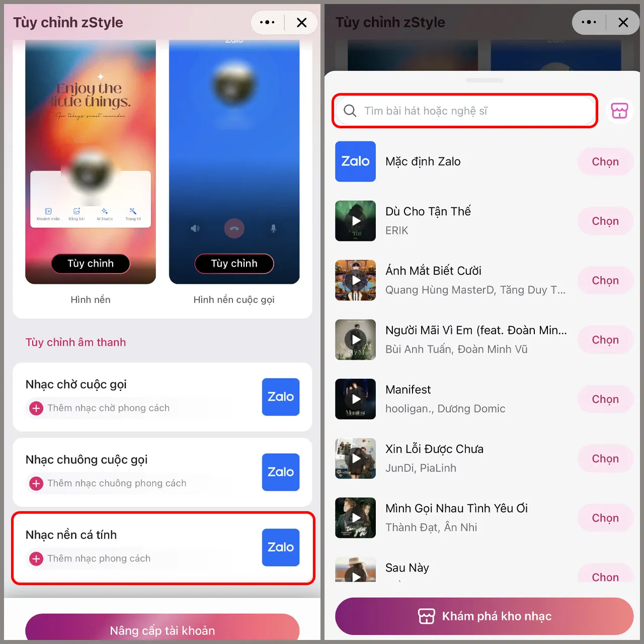 Chọn Nhạc nền cá tính và tìm kiếm bài hát mong muốn trong cách cài nhạc nền trên zalo