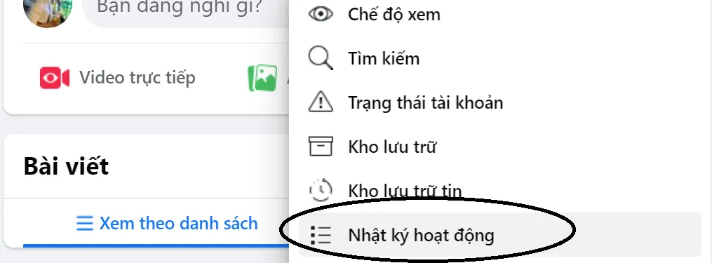 Chọn 'Nhật ký hoạt động' từ menu để xem lịch sử bài viết