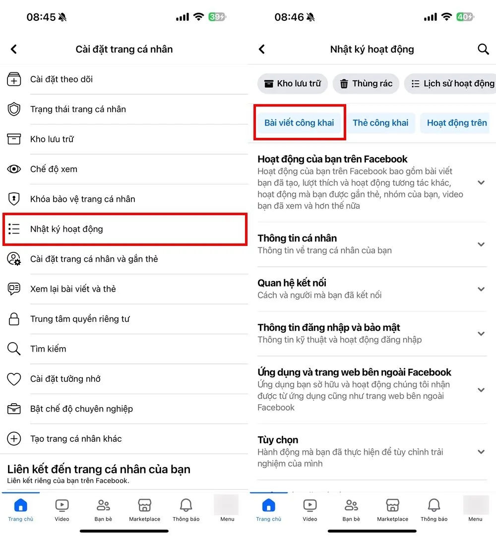 Chọn Nhật ký hoạt động và Bài viết công khai để xem danh sách bài viết trên Facebook