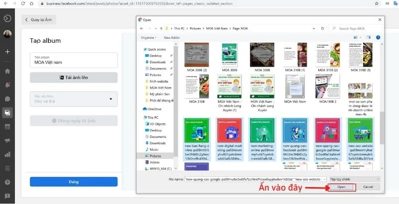 Chọn nhiều ảnh trong thư mục và nhấn Open để tải lên Fanpage