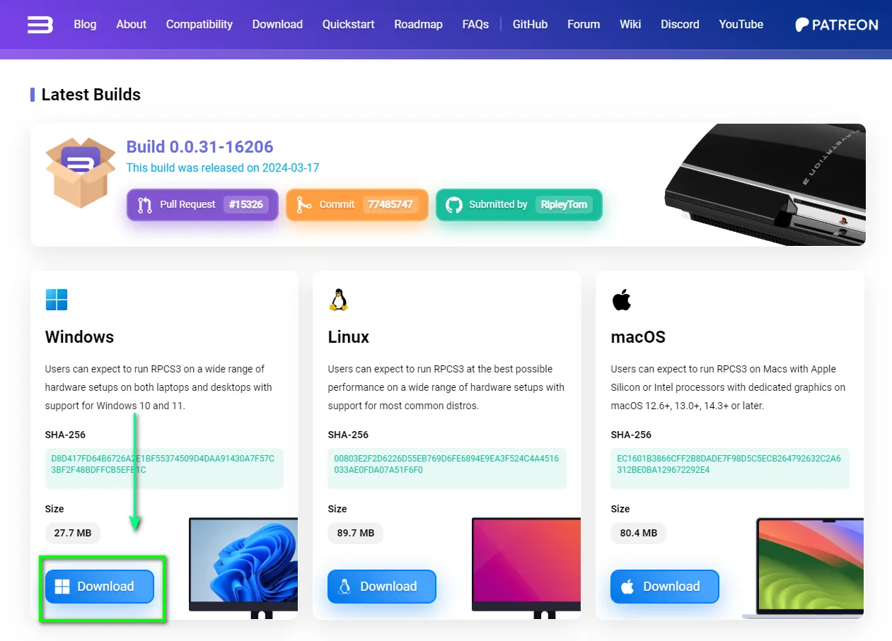 Chọn nút Download phiên bản phù hợp cho Windows hoặc Linux để cài PS3 trên PC