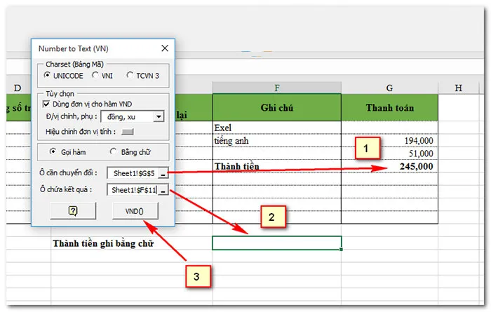 Chọn Ô cần chuyển đổi và Ô chứa kết quả trong hộp thoại VnTools