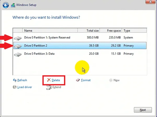 Chọn ổ đĩa C và các phân vùng nhỏ hơn 1GB để xóa (Delete)