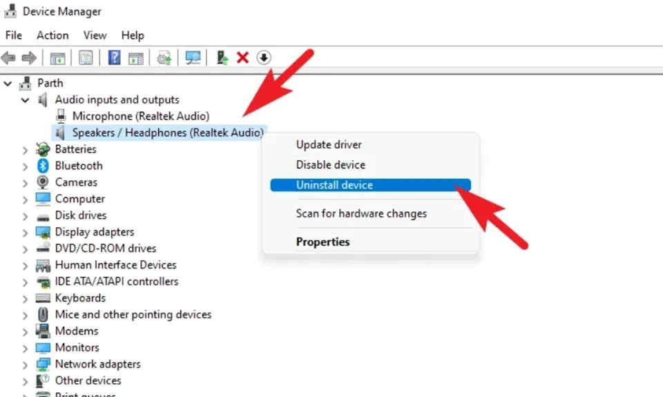 Chọn phần Audio inputs and outputs trong Device Manager