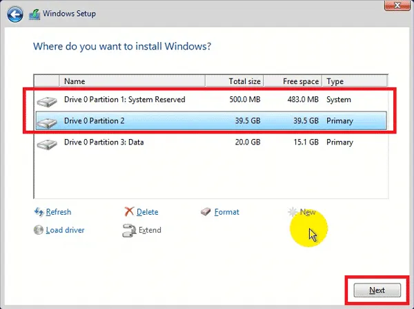 Chọn phân vùng mới có dung lượng lớn nhất và click Next