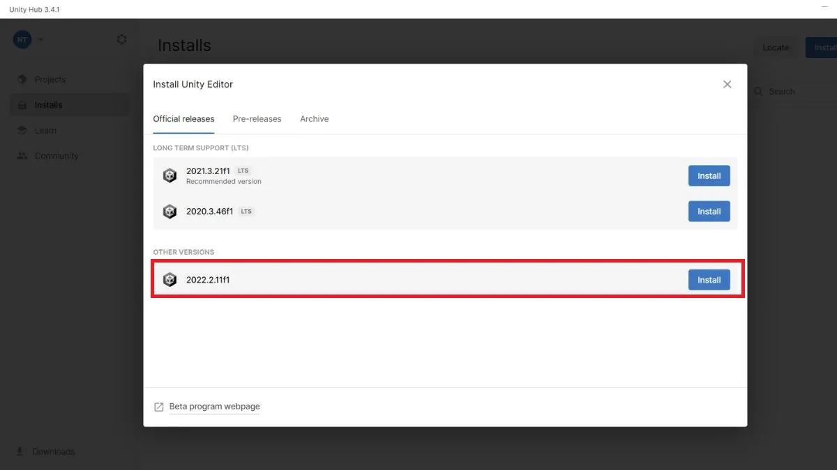 Chọn phiên bản Unity Editor mới nhất để tiến hành cài đặt, yếu tố cốt lõi của cách cài unity