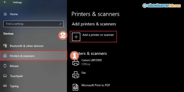 Chọn Printers & scanners và sau đó nhấn Add a Printer & scanner để Windows bắt đầu tìm kiếm