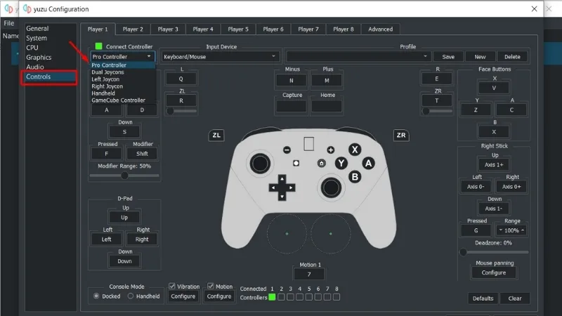 Chọn Pro Controller trong cài đặt Controls của Yuzu