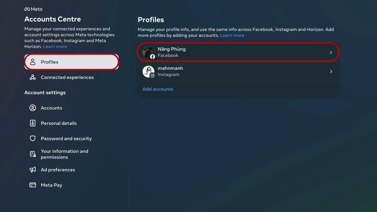 Chọn Profiles và tài khoản để tiến hành đổi tên