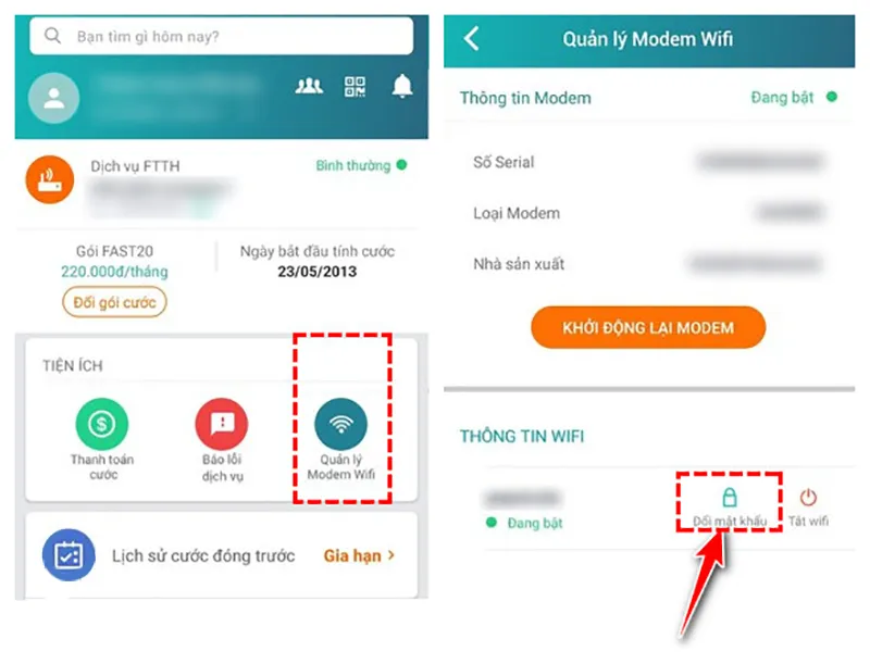 Chọn Quản lý Modem Wifi và Đổi mật khẩu trong My Viettel