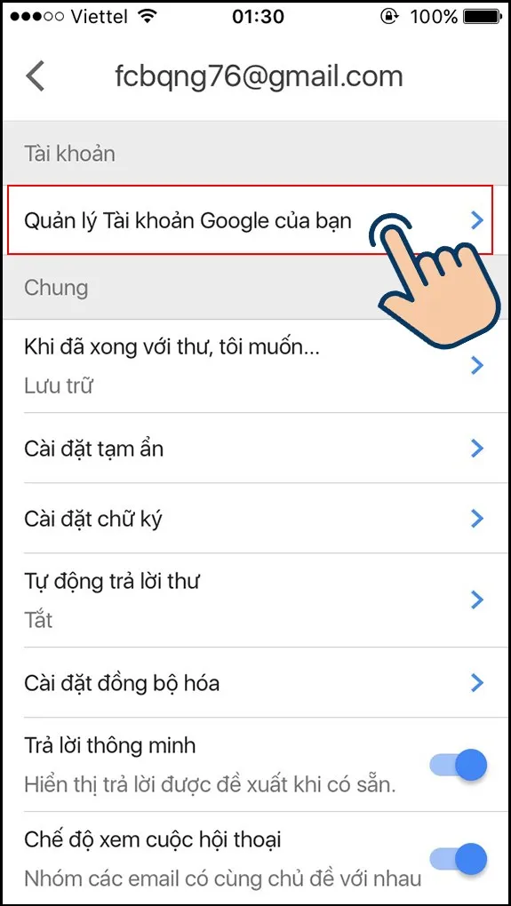 Chọn Quản lý tài khoản Google của bạn để tiếp tục quy trình cách cài ảnh đại diện cho gmail