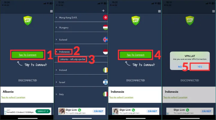 Chọn quốc gia Indonesia và kết nối VPN để áp dụng cách đặt tên facebook 1 chữ trên điện thoại