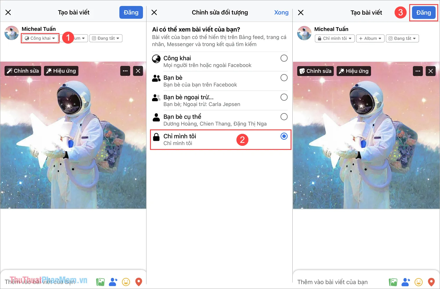 Chọn quyền riêng tư Chỉ mình tôi và nhấn Đăng