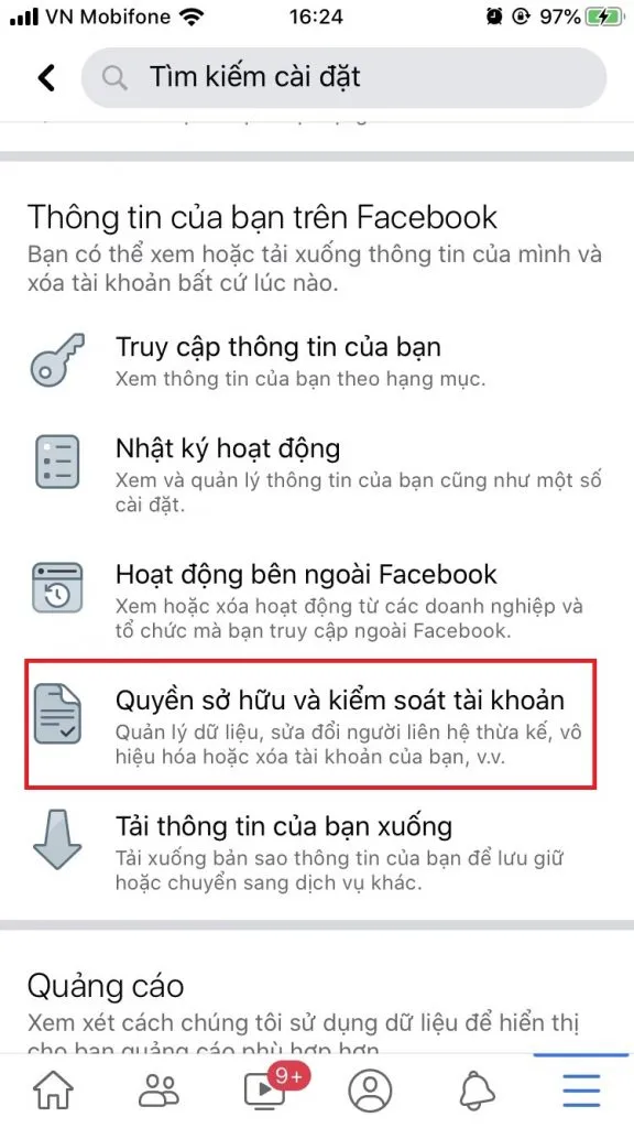 Chọn Quyền sở hữu và kiểm soát tài khoản trong Cài đặt