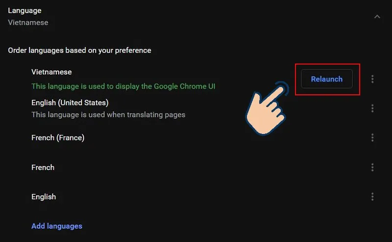 Chọn Relaunch để khởi động lại Google Chrome, lúc này Chrome của bạn đã được đổi tiếng Việt.