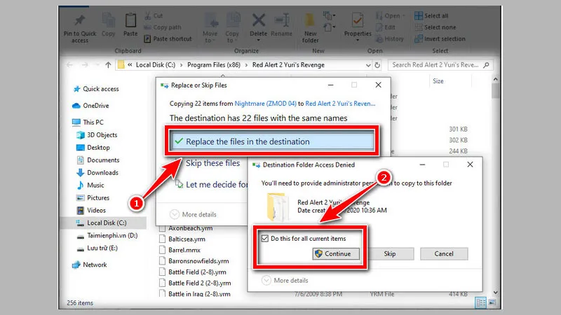 Chọn Replace the files in the destination để cập nhật file Red Alert 2