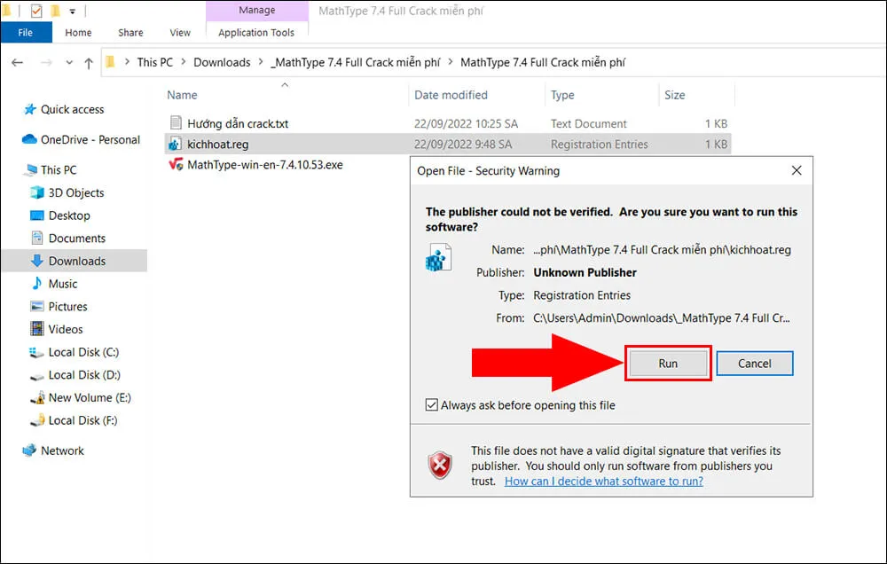 Chọn Run để chạy file kích hoạt bản quyền MathType