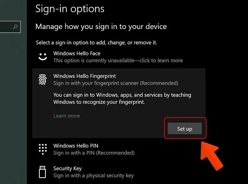 Chọn Set up trong mục Windows Hello Fingerprint