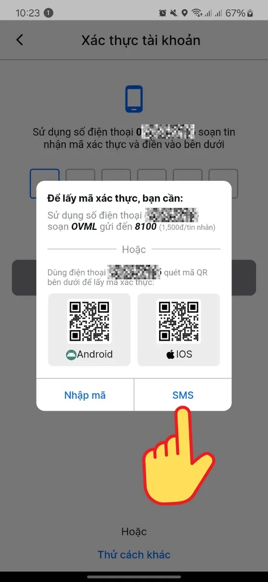 Chọn SMS để nhận mã OTP cho cách cài đặt Vietmap Live