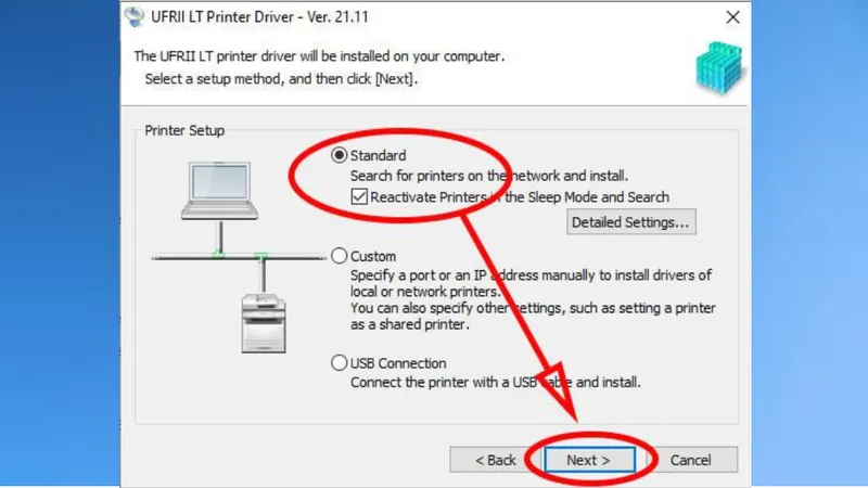 Chọn "Standard" và nhấn "Next" để tiếp tục quá trình cài đặt máy in Canon 6030W