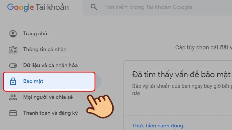 Chọn tab Bảo mật trong cài đặt Google