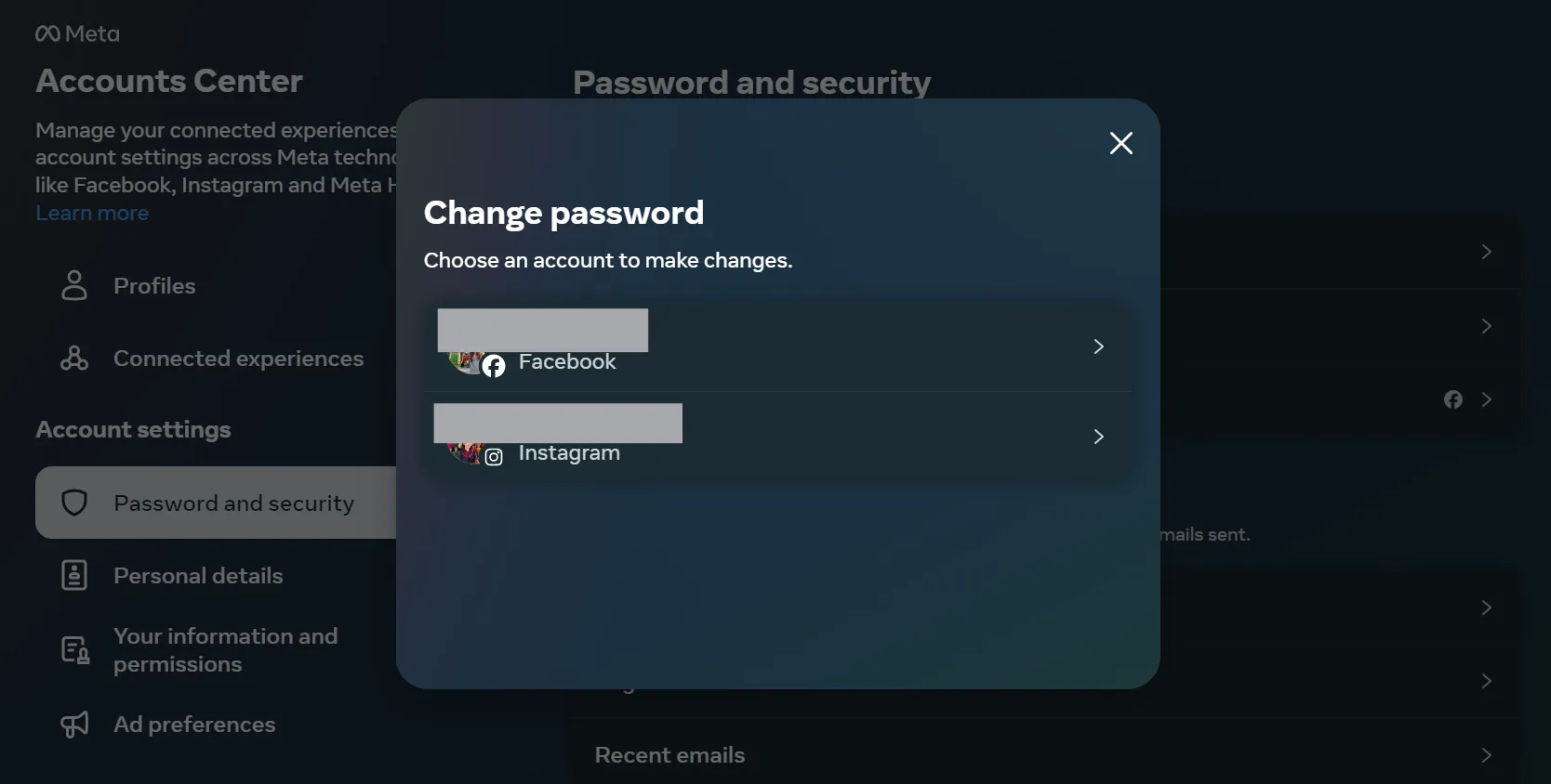 Chọn tài khoản cụ thể để đổi mật khẩu