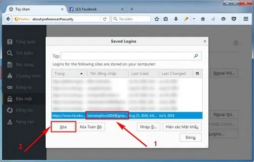 Chọn tài khoản Facebook đã lưu trên trình duyệt, ấn Xóa