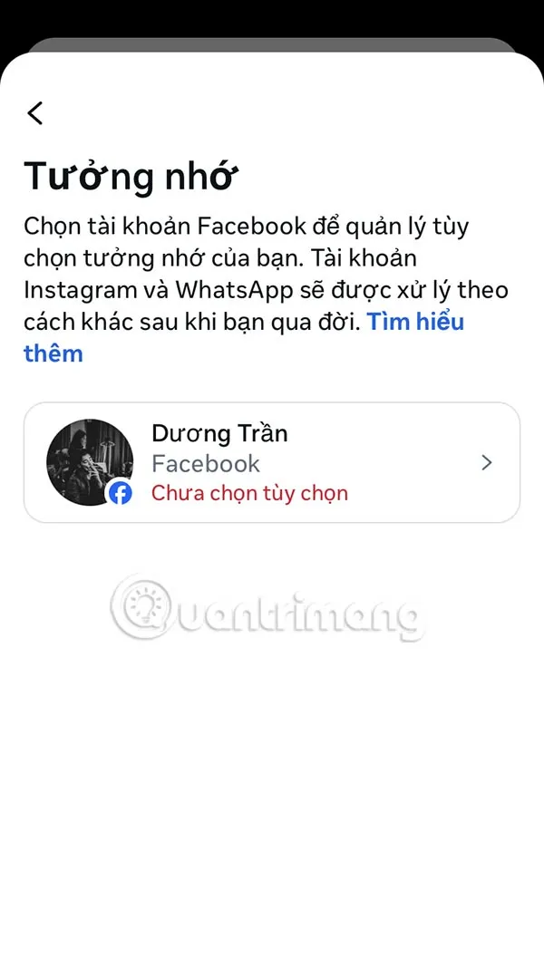Chọn tài khoản Facebook để thiết lập tưởng nhớ