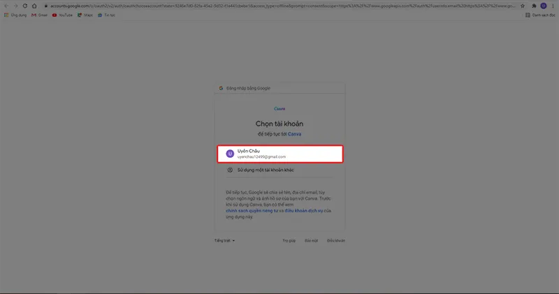 Chọn tài khoản Google để tiếp tục đăng nhập