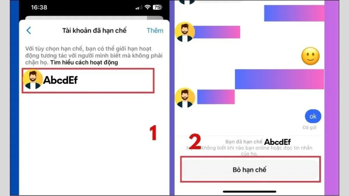 Chọn tài khoản và nhấn Bỏ hạn chế trên Messenger