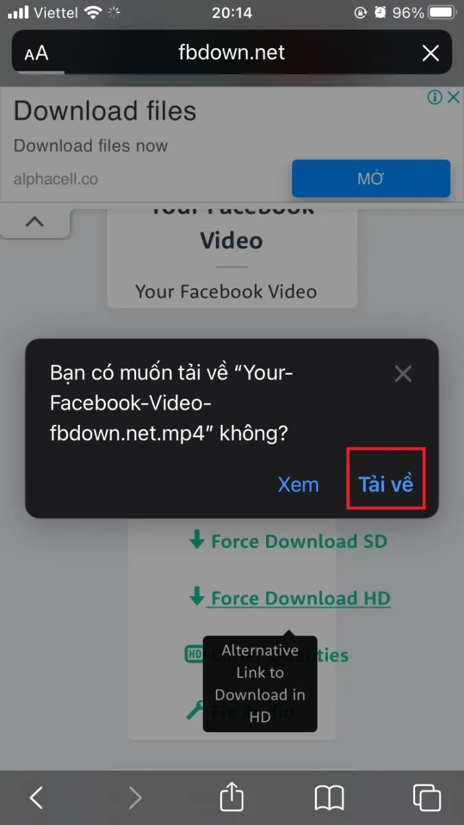 Chọn Tải về từ bảng chọn sau khi quyết định chất lượng video