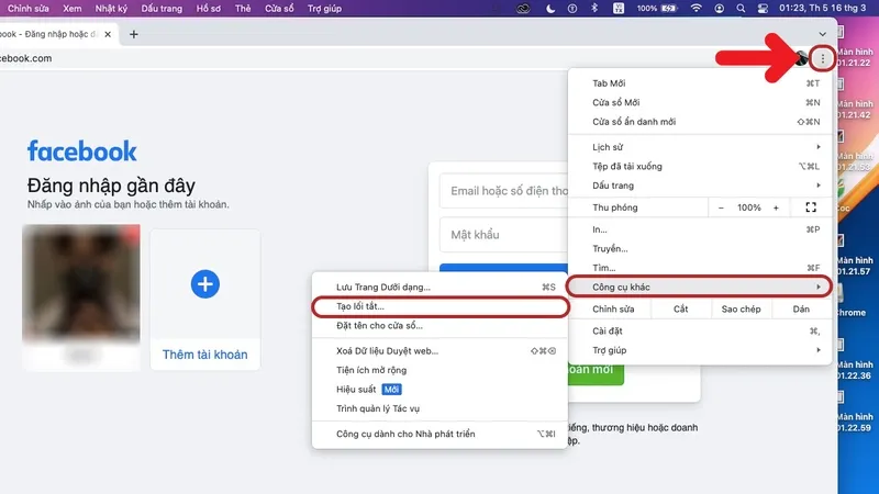 Chọn Tạo lối tắt trong Công cụ khác để tạo ứng dụng tải Facebook cho MacBook